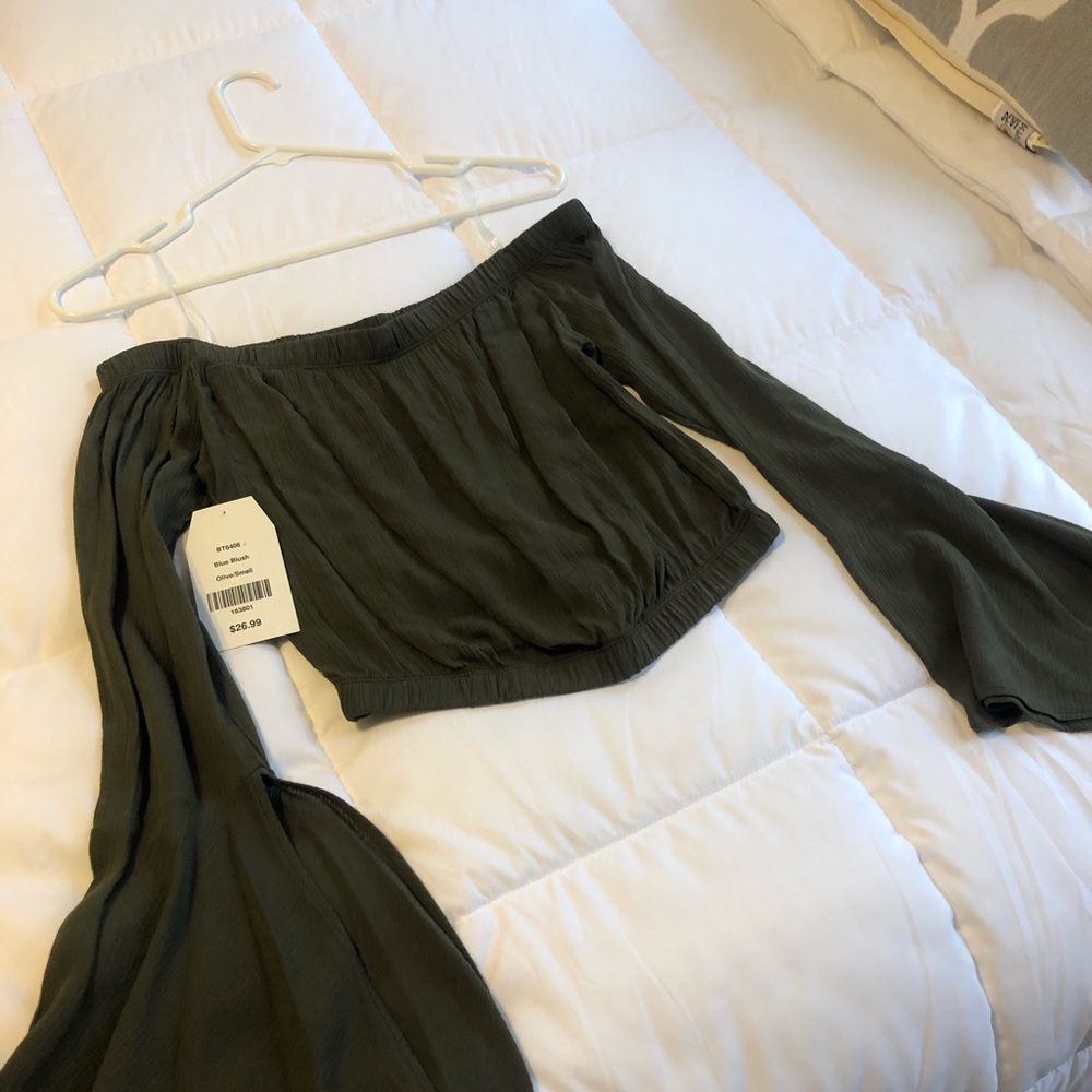 Olive green off the shoulder bell sleeve top